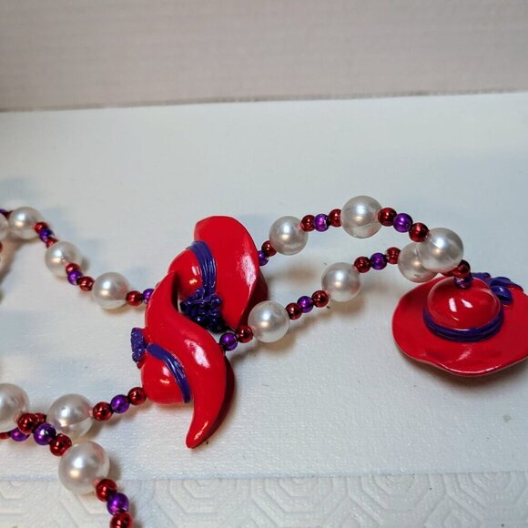 Purple & RED HAT SOCIETY Beaded NECKLACE Faux Pearl 40" Handmade Signed - Picture 4 of 9